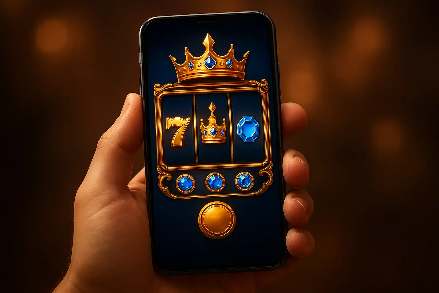 Smartphone displaying the RaraWin casino lobby with gold and sapphire theme