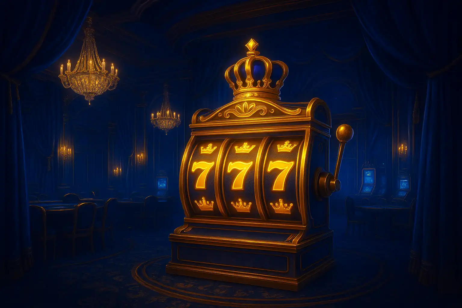 Royal RaraWin casino lobby with gold slot reels and sapphire lighting